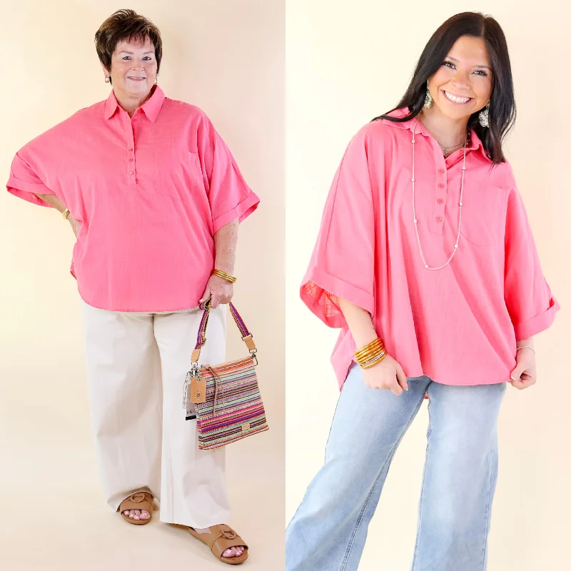 Sweet Surprise Half Button Up Poncho Top with Collared Neckline in Coral Pink Graceful Drape