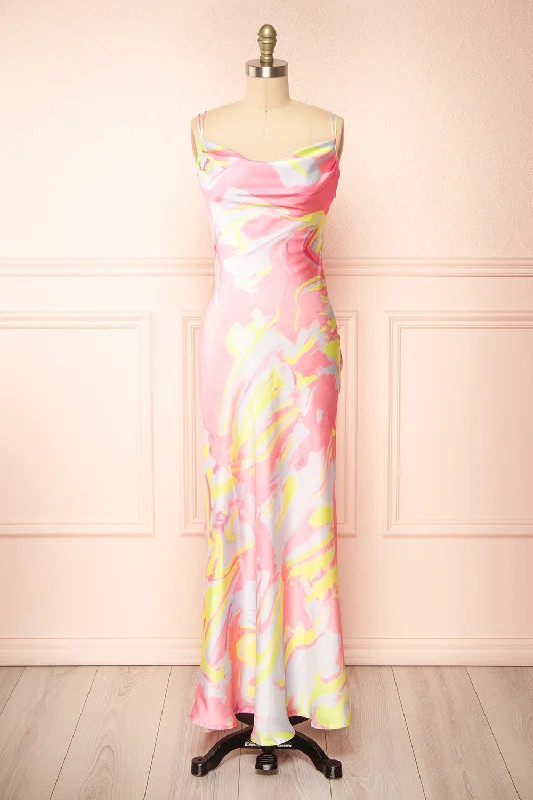 Eulaly | Satin Maxi Dress w/ Colorful Marbled Motif Cottagecore Rustic Charm Style