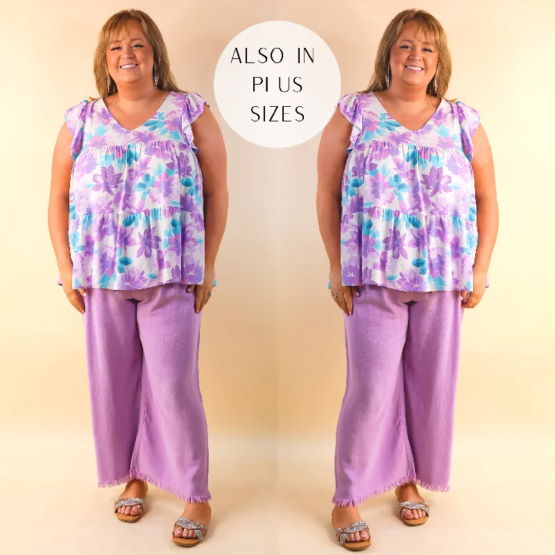 Right On Cue Elastic Waistband Cropped Pants with Frayed Hem in Lavender Purple Clearance Event