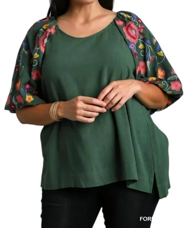 Top With Embroidery Sleeves Plus In Forest Green Mid - Week Surprise