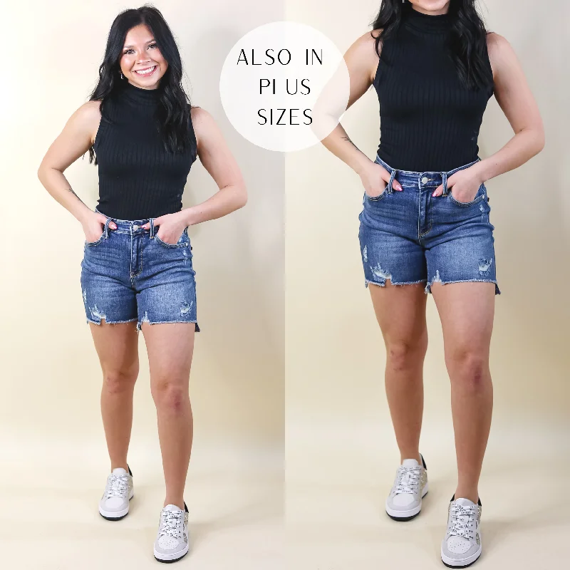 Last Chance Size Large | Judy Blue | Summer Daze Mid Thigh High-Low Shorts in Medium Wash Big Savings On Minimalist Office Styles