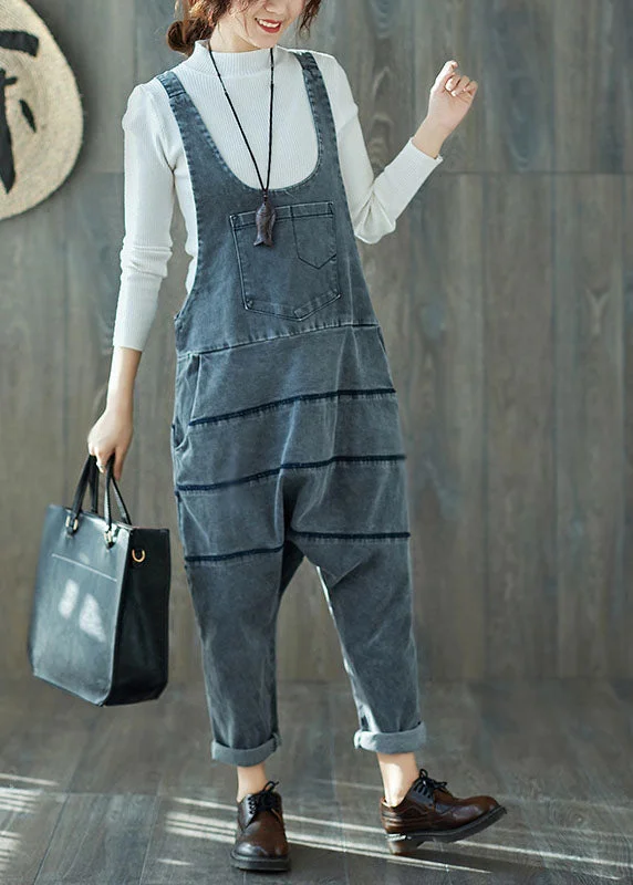 Art Grey Oversized Patchwork Cotton Denim Jumpsuit Spring Ends Soon