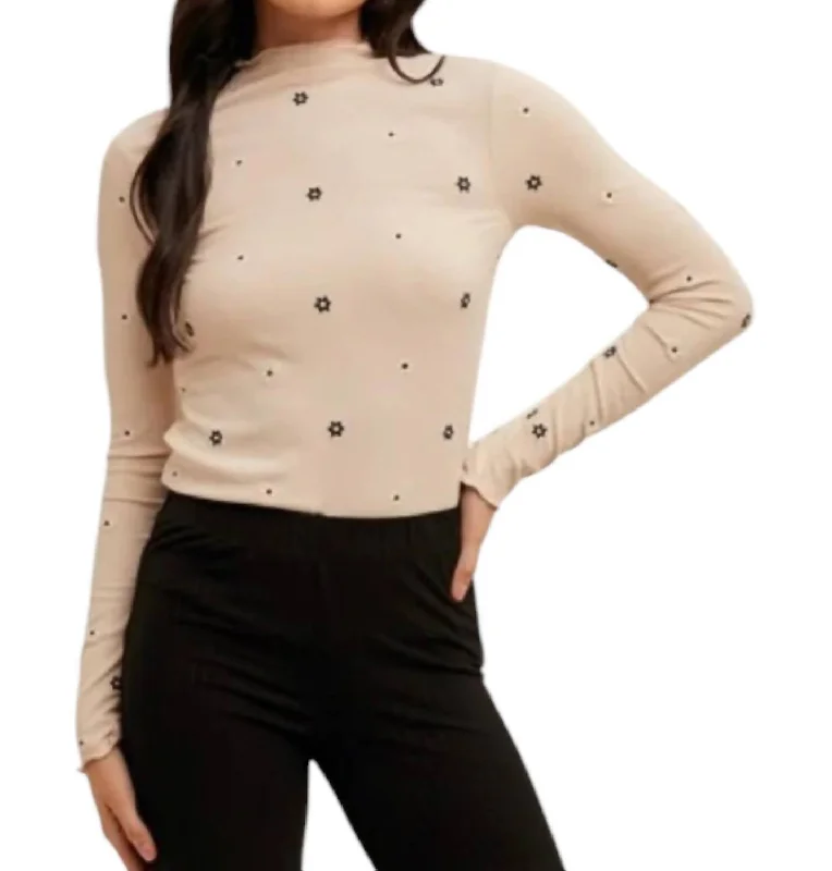 Embroidered Rib Mock Neck Top In Beige Graceful Cut