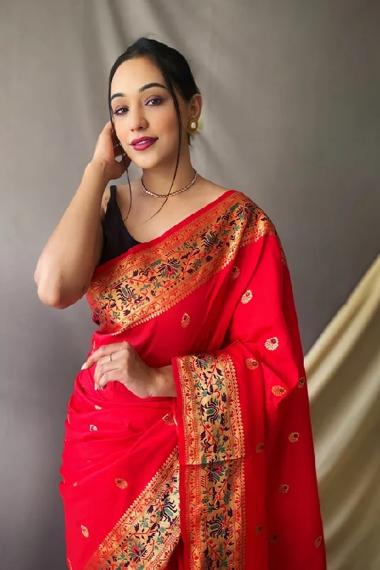 Nauvari Paithani Silk Saree in Red Color 2022 Huge Discounts This Week