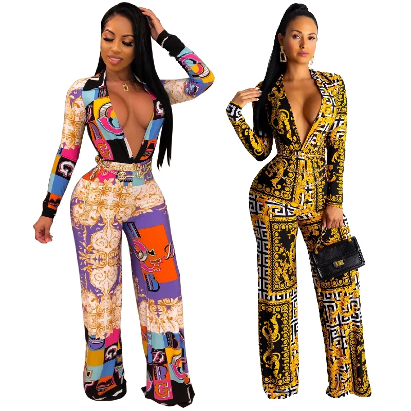 Fashion Digital Printing Long-sleeved V-neck Jumpsuit Eco Friendly Fashion Sale