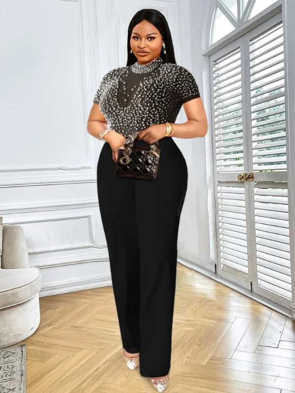 Women See Through Tops Beaded Wide Leg Jumpsuit Clearance Event