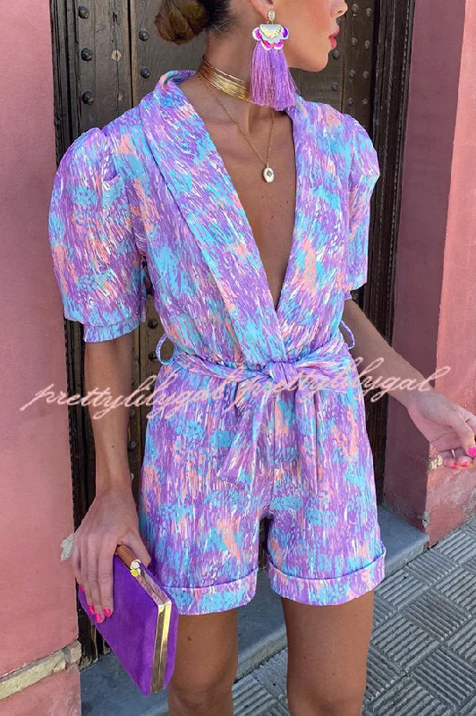 Joyful Smiles Printed Puff Sleeve Lapel Belted Romper Exclusive Sale