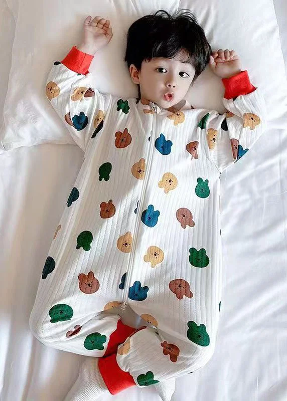 Simple Little Bear Print Zip Up Cotton Kids Pajamas Jumpsuits Spring Playful Elegance