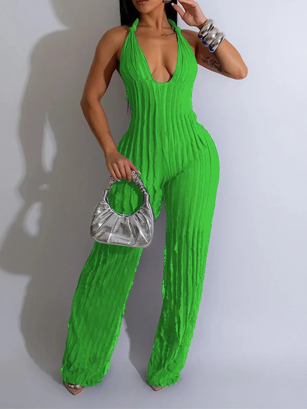 Solid Halter Frilled Jumpsuit Big Discounts