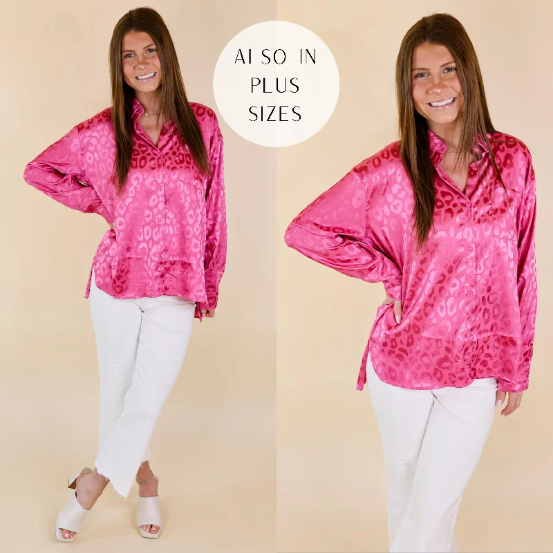 Top It Off Long Sleeve Button Up Satin Leopard Top in Hot Pink Ethnic Cultural Event Wear