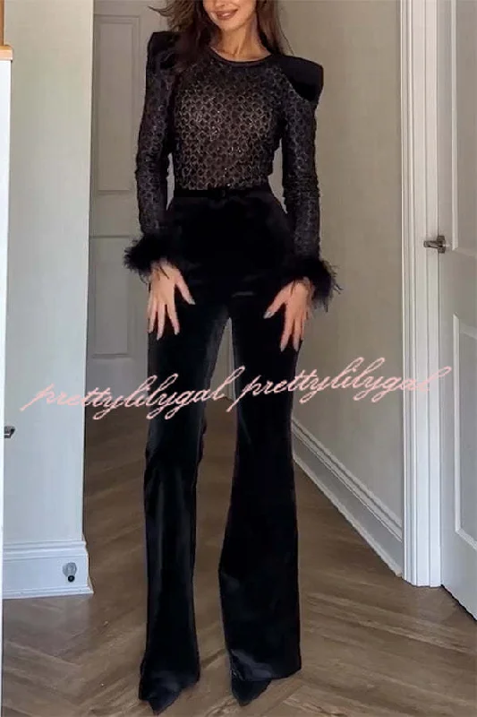 Monique Fish Scale Lace Sequin Velvet Patchwork Feather Trim Belted Stretch Flare Jumpsuit Graceful Drape