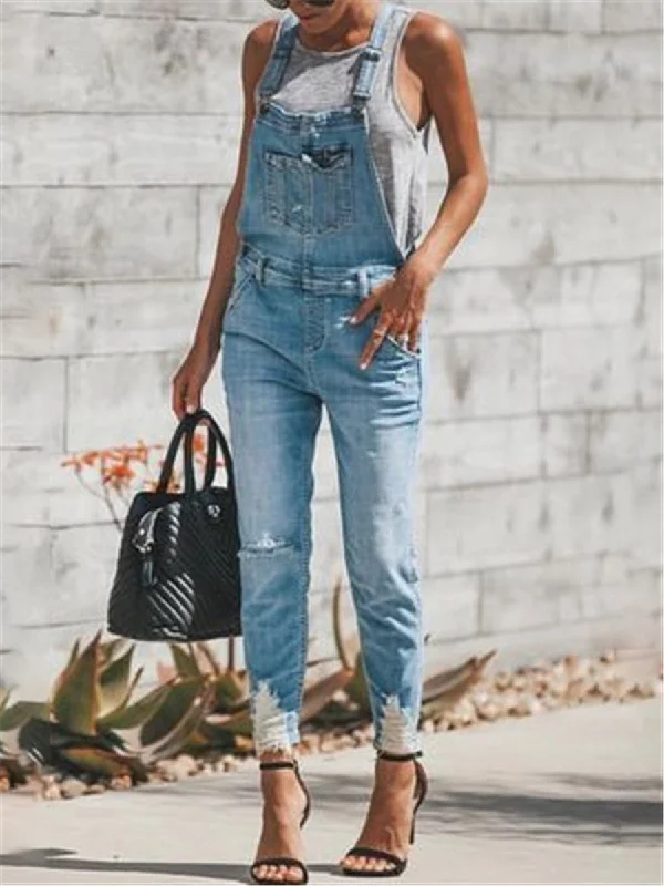 Trendy Ripped Raw Pocket Solid Color Denim Jumpsuit Don't Miss Out