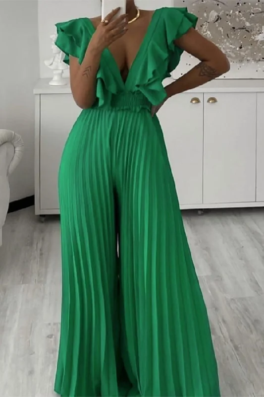 Solid Color Sweet Tiered Ruffles Pleated Wide Leg Jumpsuit Modern Romance