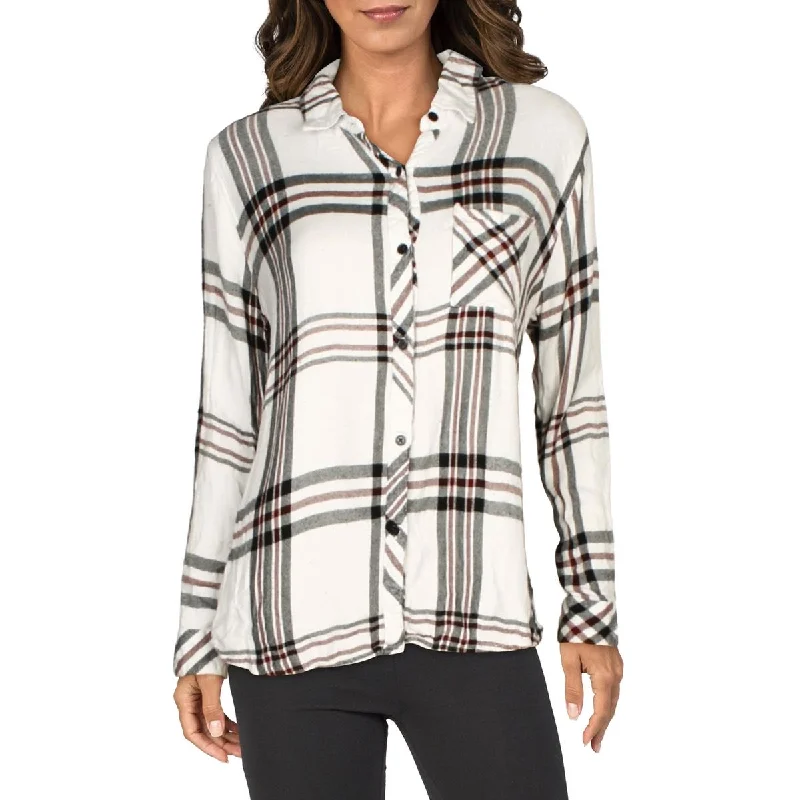 Womens Woven Plaid Button-Down Top Budget-Friendly Fashion