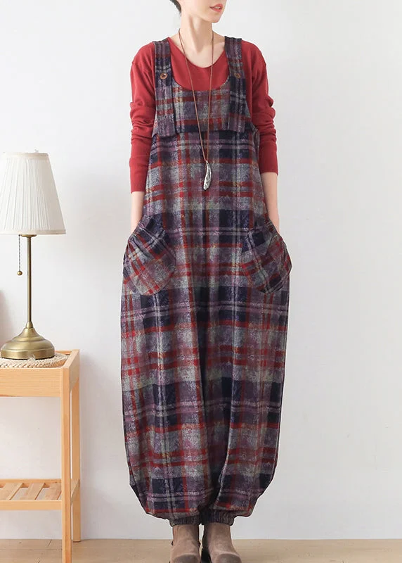 Red Plaid Pockets Woolen Jumpsuit Pants Fall Ends Soon