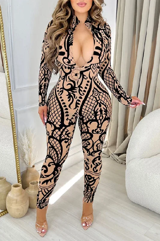 Tribal Print Retro Zipper Bodycon Jumpsuit Feminine Elegant