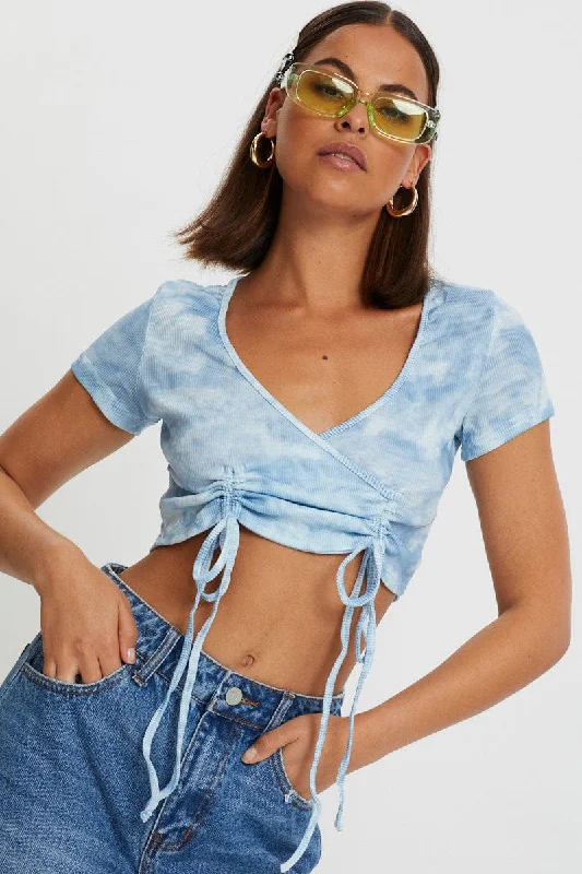 Blue Tie Dye Drawstring Ruched Top Quality Driven Apparel