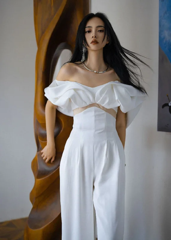 Organic White Slash Neck Tulle Patchwork Overalls Jumpsuit Summer Weekend Exclusive