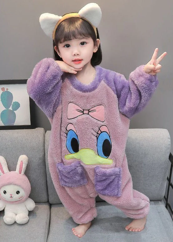 Cute Purple Print Pockets Fluffy Kids Pajamas Jumpsuit Long Sleeve Flowy Fabric