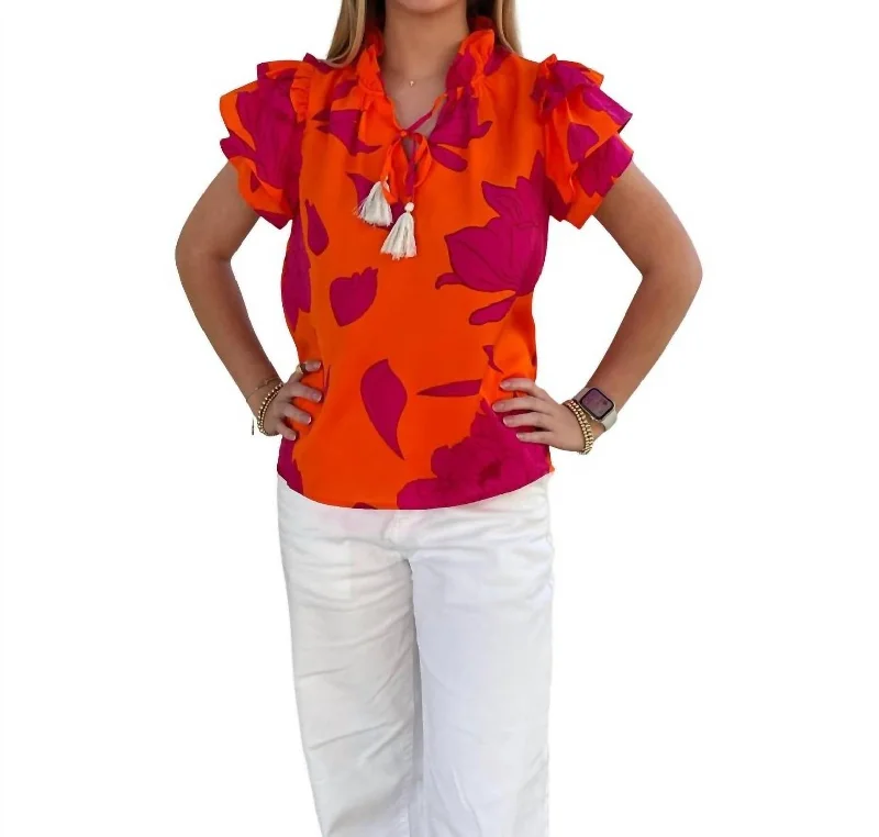 Flutter Sleeve Print Top In Orange Red Effortless Style