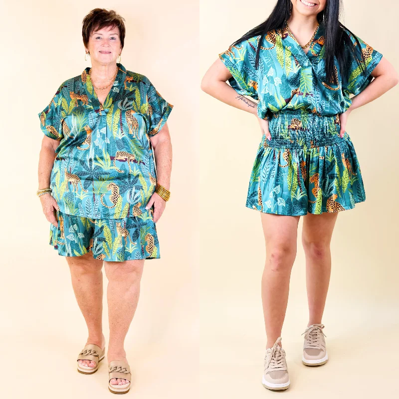 Center of Attention Jungle Print Flowy Shorts in Teal Blue Graceful Movement