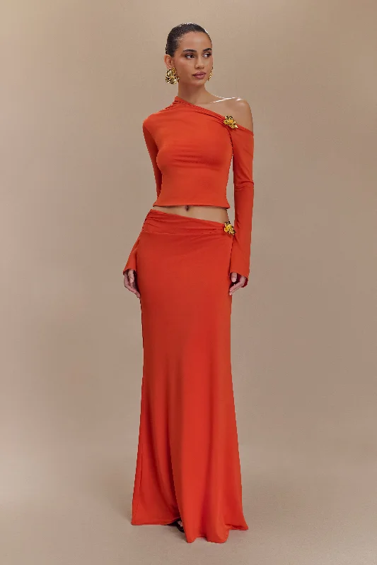 Ainsley Asymmetrical Maxi Skirt With Floral Hardware - Burnt Orange Dive Into Trendy Styles