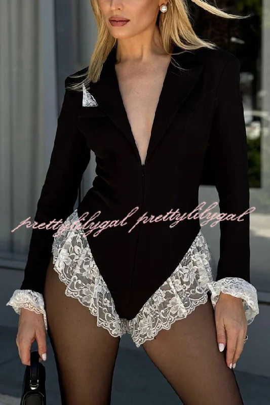 Full of Design Lace Trim Long Sleeve Lapel Blazer Romper Cool Prices