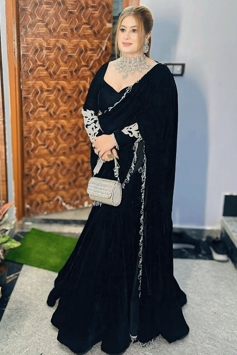 Black Color  Velvet Saree For Sangeet Function Everyday Basics