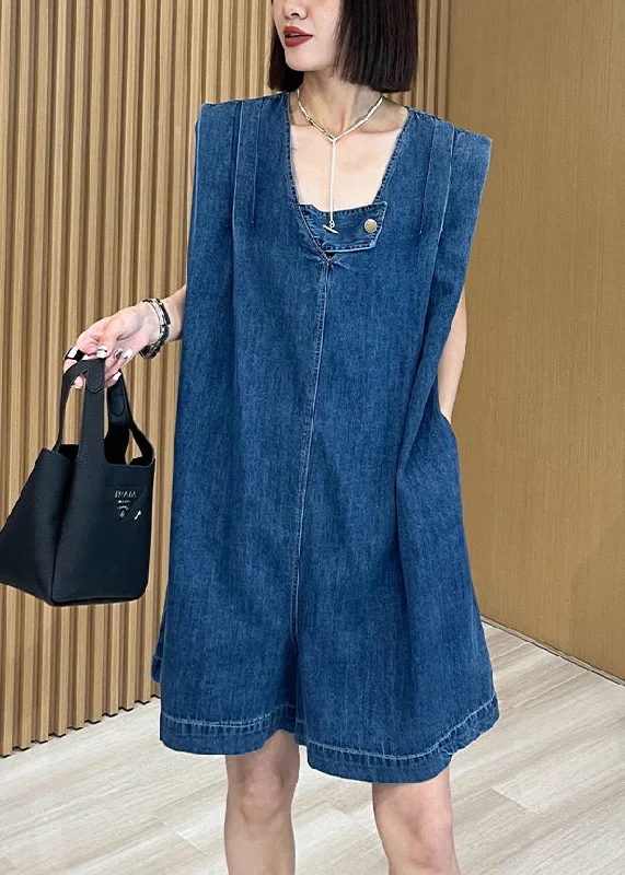 Women Loose Blue U Neck Pockets Denim Jumpsuits Summer Early Access To Art Deco Styles Sale