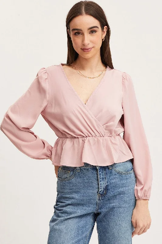 Pink Wrap Front Top Long Sleeve Feminine Elegance