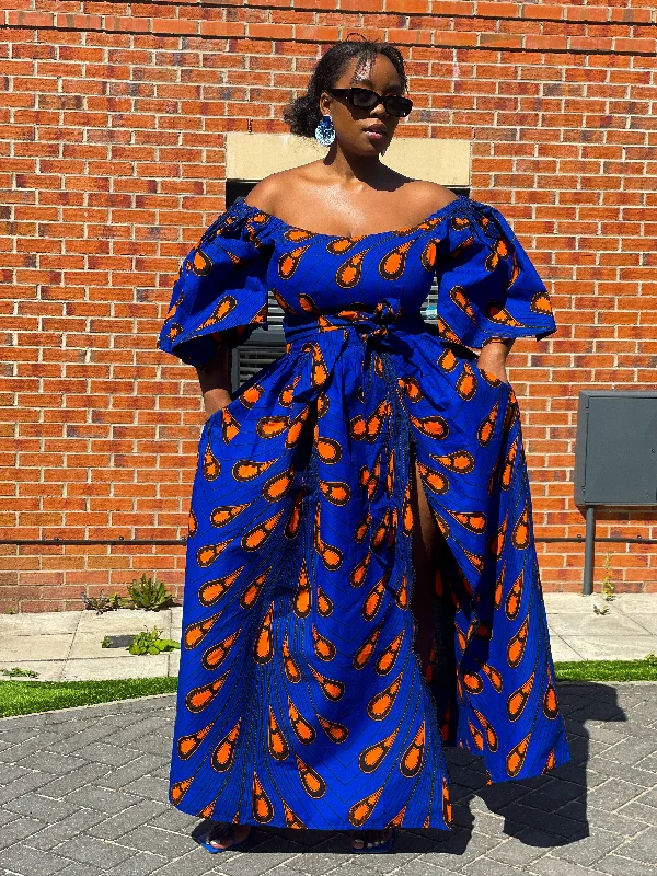 Nimi Ankara Off Shoulder Maxi Dress | Blue and Orange African Print End Of Month Blowout