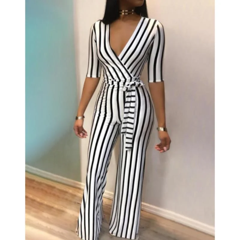 Elegant V-Neck Striped Women's Jumpsuits Trendy New Clothes