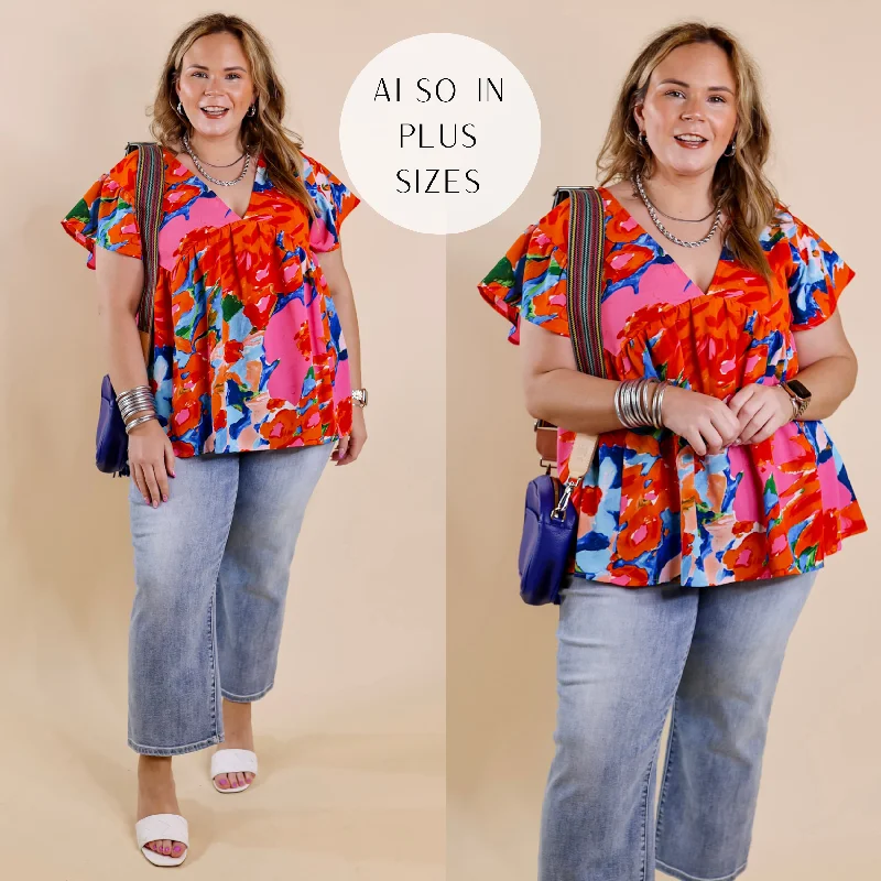 You Had Me At Aloha Watercolor Floral Top with V Neckline in Orange Mix New Season Fashion Preview Sale