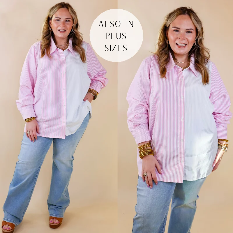 Back To You Pin Stripe Color Block Button Up Top in Pink and White Exclusive Sale