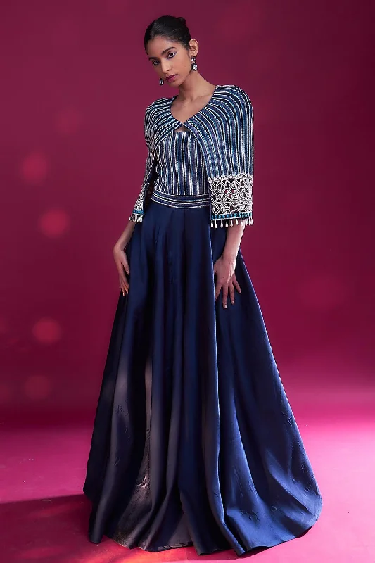 Deep Blue Ajrakh Embroidered Cape & Jumpsuit Set Quality Wear