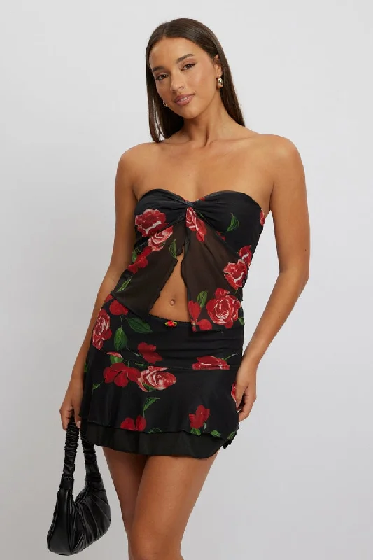 Black Floral Twisted Bandeau Top Mesh Feminine Soft - Hued Styles