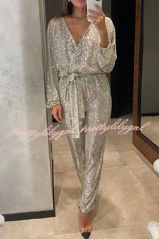 Cheers To You Sequin Long Sleeve Belted Wrap Loose Jumpsuit Big Savings On Rustic Countryside Styles