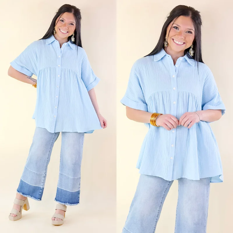 Mellow Mood Collared Button Up Babydoll Top in Airy Blue Great Prices On Feminine Styles