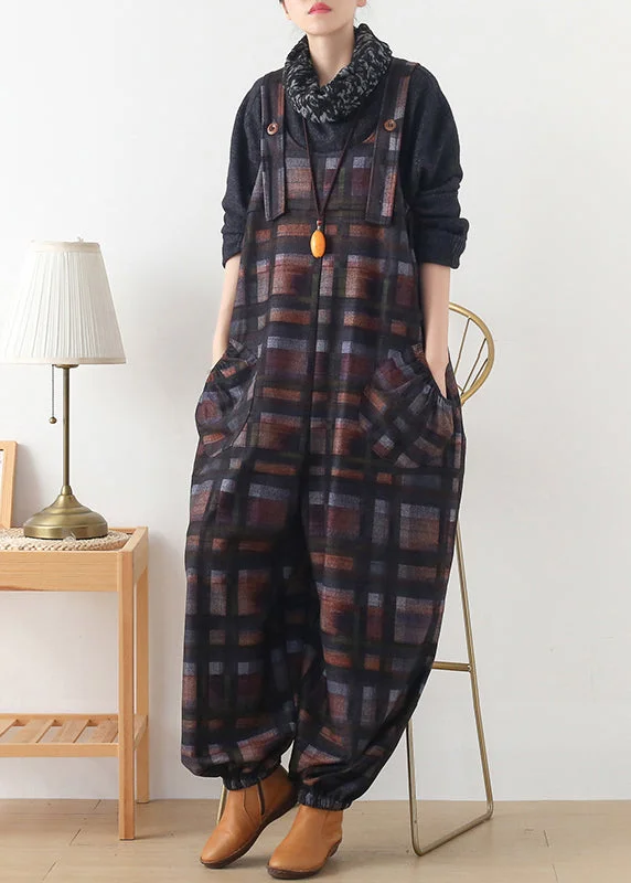 DIY Chocolate Colour Plaid Button Woolen Jumpsuit Pants Fall Budget Friendly