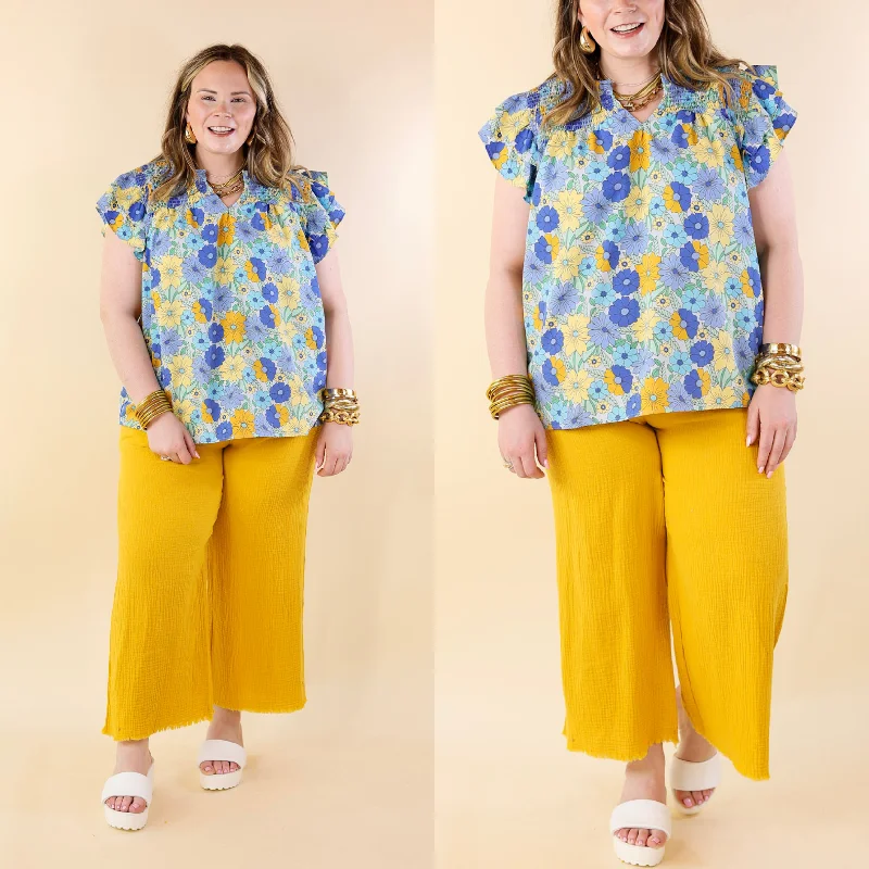 Right On Cue Elastic Waistband Cropped Pants with Frayed Hem in Yellow Vintage Charm