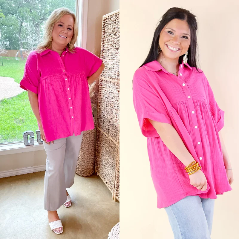 Mellow Mood Collared Button Up Babydoll Top in Hot Pink Score Big On Glamorous Red - Carpet Styles