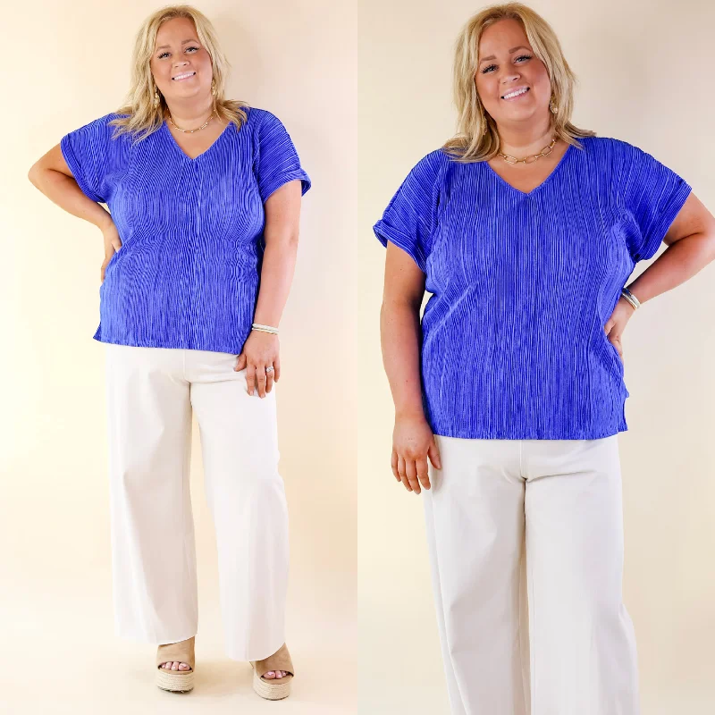 Casual Charm V Neck Plissé Top in Royal Blue Flash Deals