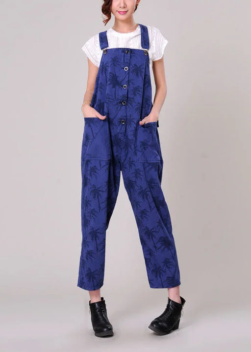 Simple Blue Oversized Maple Leaves Print Pockets Cotton Jumpsuits Spring Stylish Spring Fashion