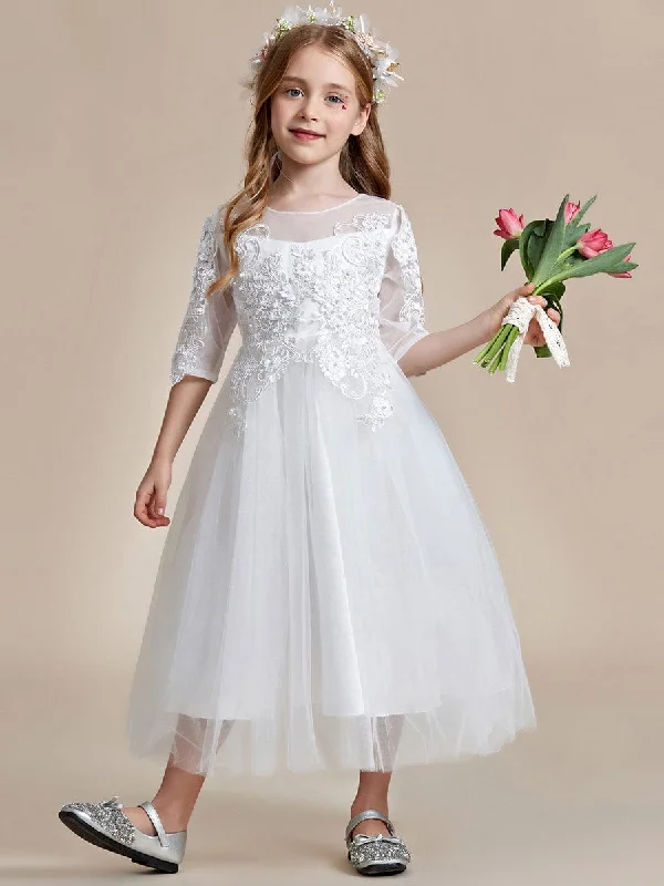 Flower Girl Dress in embroidered lace and tulle with mid-length sleeves Dreamy Draping