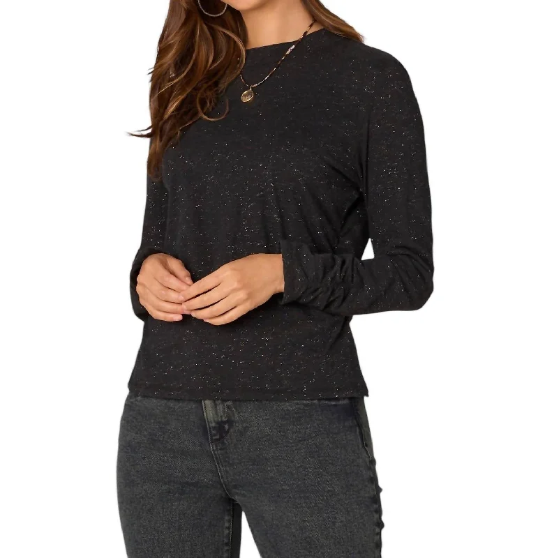 Long Sleeve Crew Neck Metallic Thread Knit Top In Black Lighten Up With Nordic Styles