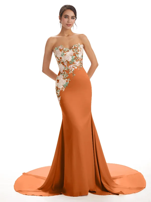 Modern Sweetheart Soft Satin Lace Mermaid Long Wedding Party Dresses Special Occasion Wear