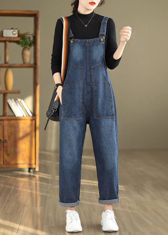 New Blue Button Pockets Patchwork Denim Jumpsuits Sleeveless Luxury Fashion for Women