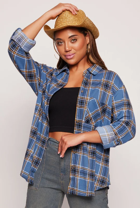 Plaid Button Front Tabbed Sleeve Shirt Lightweight Fabric