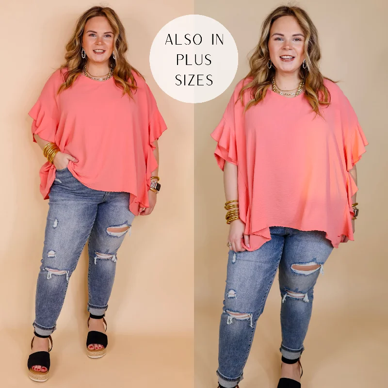 Sip of Spring Ruffle Sleeve Shift Top with V Neckline in Coral Orange The Latest Trends