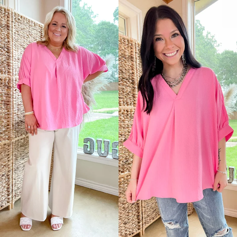 Chic and Charming V Neck Poncho Top with 3/4 Sleeves in Pink Special Offer For You